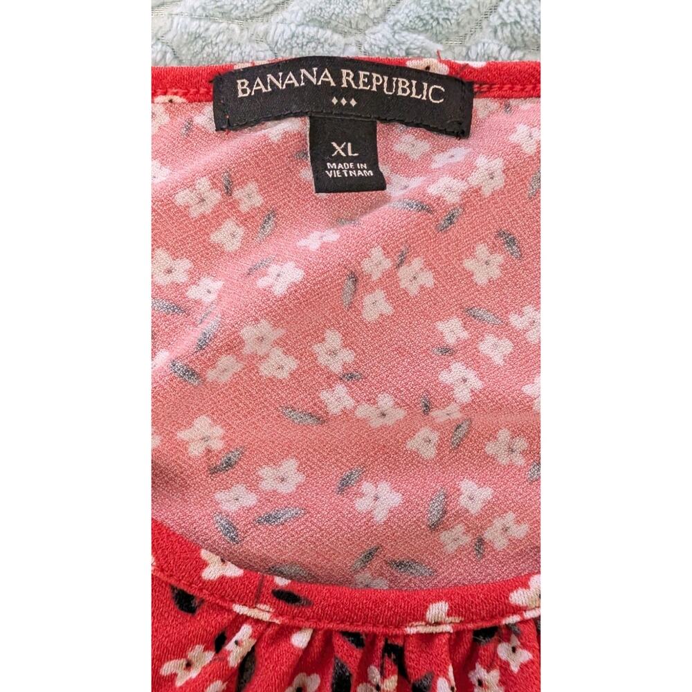 Banana Republic XL Red Ditsy Floral Midi Dress Stretch Knit Ruffle Elastic Waist - Picture 6 of 7